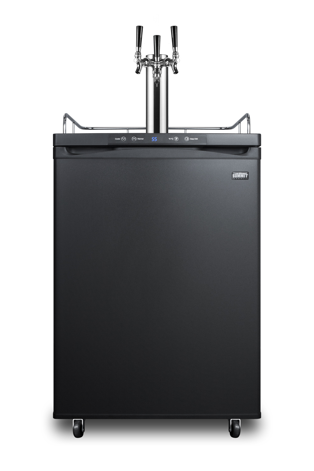 Freestanding residential beer dispenser, auto defrost with digital thermostat, black exterior finish, and triple tap system